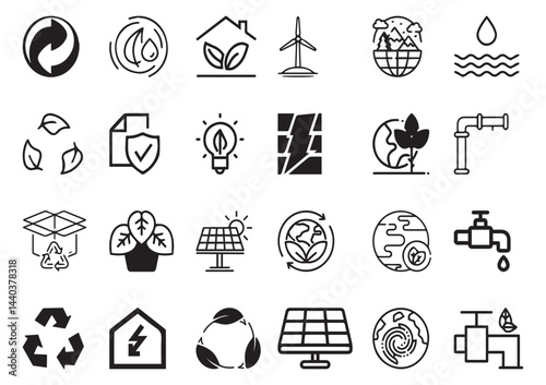 Set of 24 outline ecology and environment, recycling, nature protection, renewable energy and sustainable technology Vector illustration and with recycling editable vector isolated