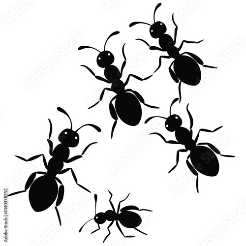 Five Black Ant Silhouettes on White Background