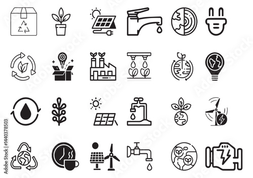 Set of 24 outline ecology and environment, recycling, nature protection, renewable energy and sustainable technology Vector illustration and with recycling editable vector isolated