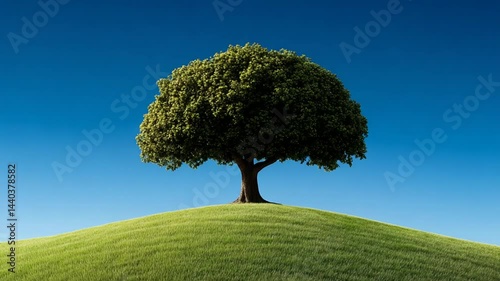 Lush Green Hill with Solitary Tree Under Clear Blue Sky Creating a Peaceful and Serene Natural Landscape