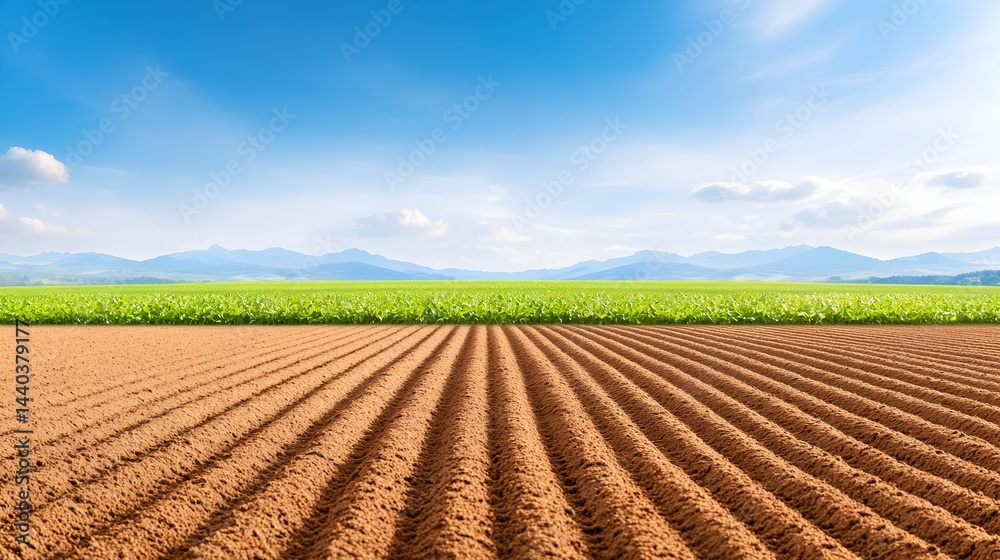 Ploughed field with rows leading to a vibrant green crop and distant mountains under a sunny sky Ploughed field with rows leading to a vibrant green crop and distant mountains under a sunny sky