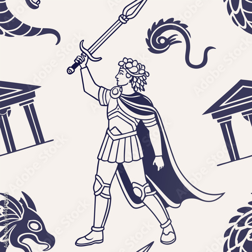 Ancient warrior in armor wielding a spear amidst mythical creatures and Greek architecture design elements Generative AI