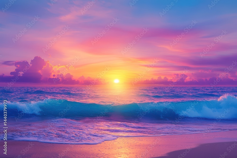 Stunning sunset over tranquil ocean waves creates a breathtaking coastal view with vibrant colors Stunning sunset over tranquil ocean waves creates a breathtaking coastal view with vibrant colors