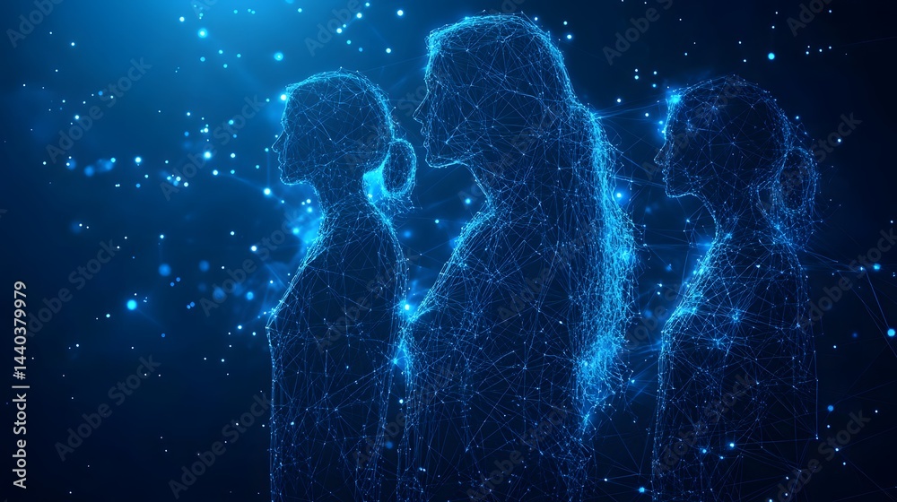 Futuristic figures stand united in digital space. Glowing particles enhance the technological atmosphere. Abstract wireframe in dark blue symbolizes unity and progress. Futuristic figures stand united in digital space. Glowing particles enhance the technological atmosphere. Abstract wireframe in dark blue symbolizes unity and progress.