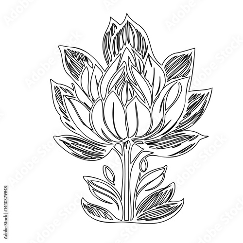 Hand-drawn lotus flower illustration with textured shading and artistic appeal