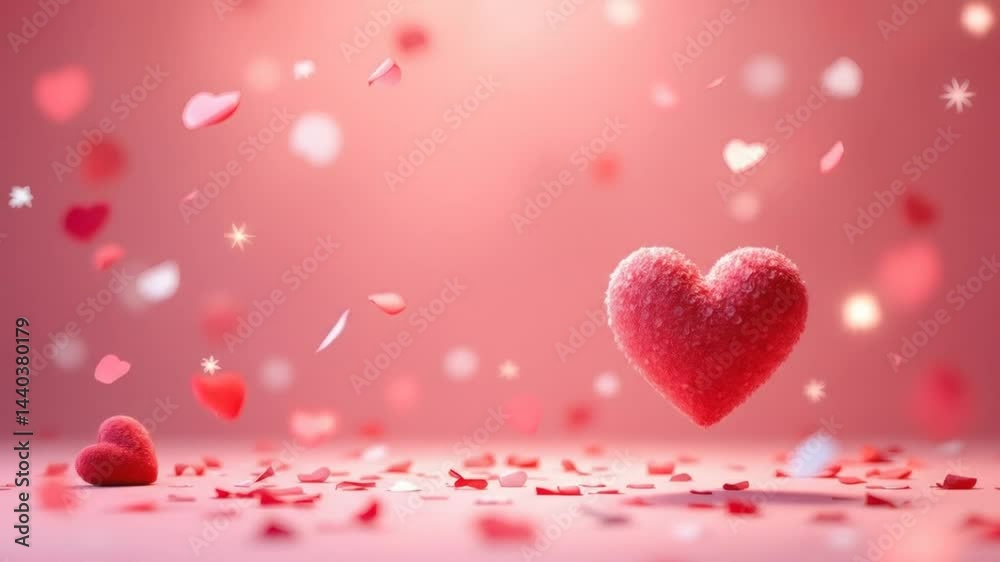 Floating Heart with Falling Confetti Slow Motion Romantic Pink Backdrop Floating Heart with Falling Confetti Slow Motion Romantic Pink Backdrop