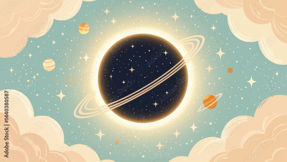 Naklejka premium A glowing planet with rings surrounded by stars, planets, and pastel clouds in a whimsical, cosmic illustration.