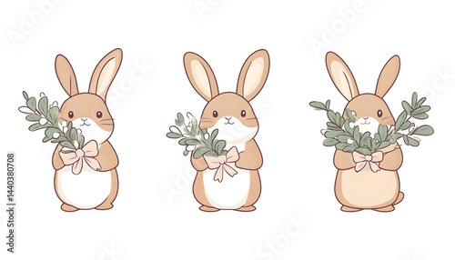 Three adorable bunnies, light brown, holding bouquets of small, light green sprigs tied with pink ribbons, against a white background