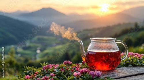 Scenic tea pot at sunrise