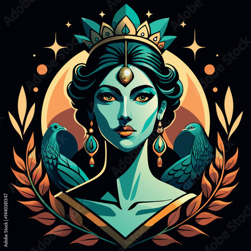 Elegant goddess illustration with majestic birds and floral elements representing beauty and power in vibrant colors Generative AI