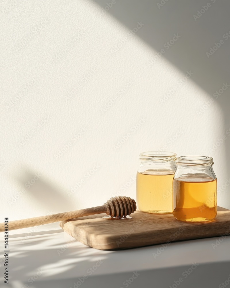 Honey jars with wooden dipper on cutting board under morning sunlight Honey jars with wooden dipper on cutting board under morning sunlight