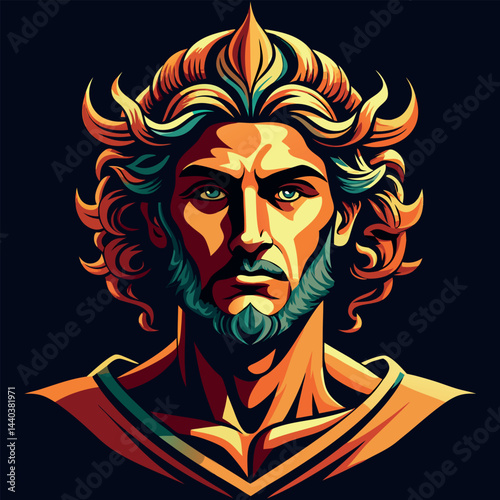 Mythical god figure with flowing hair and intense expression depicted in vibrant colors and dynamic design style Generative AI