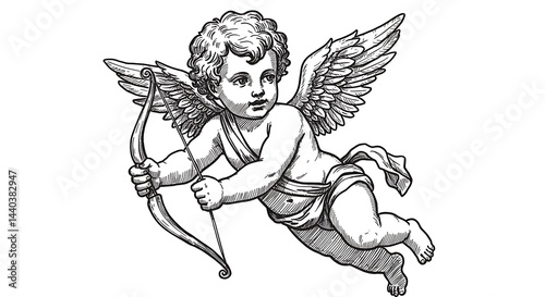 Vintage Cupid with Bow and Arrow Black and White Drawing
