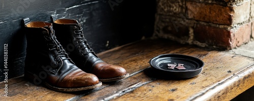 Vintage Leather Boots Still Life with Cufflinks, MenFashion, Accessories photo