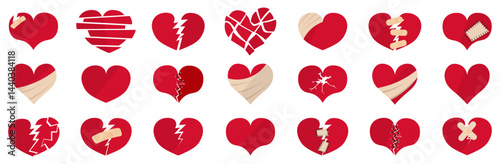 Set of red cracked heart icons in a flat design