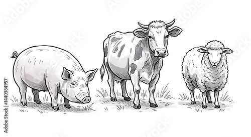 Black and White Farm Animals Illustration - Cows and Calf Sketch
