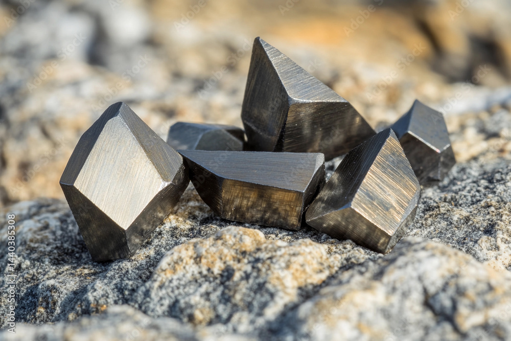Neodymium metal pieces found on a rocky surface outdoors Generative AI