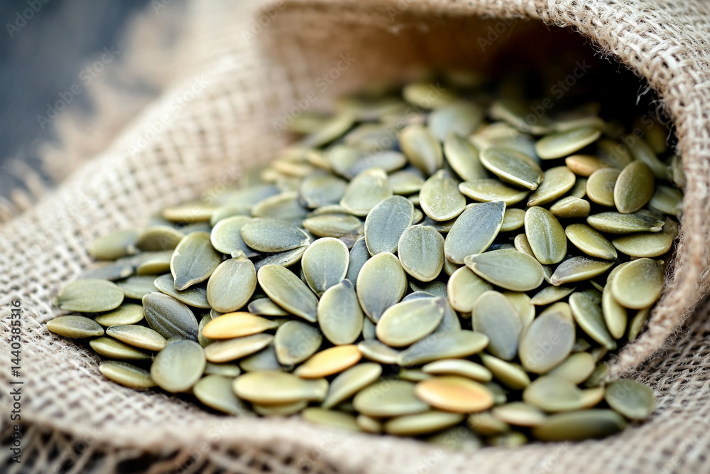 Pumpkin seeds spill from burlap sack on wooden surface Generative AI