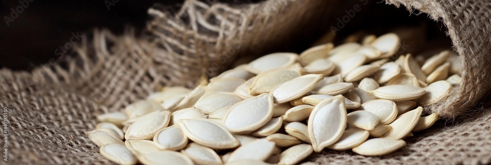Pumpkin seeds spill out of burlap sack on rustic surface Generative AI