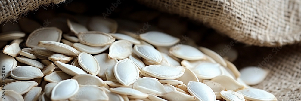Pumpkin seeds spill from burlap sack onto wooden surface Generative AI