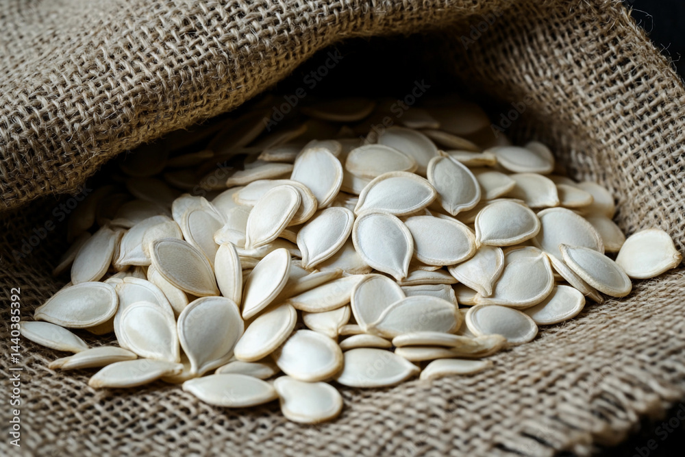 Pumpkin seeds spilling from burlap sack on rustic surface Generative AI