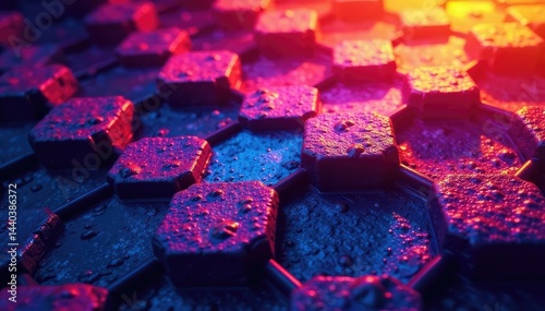 Intricate tessellation of hexagons, vibrant hues, color, mosaic