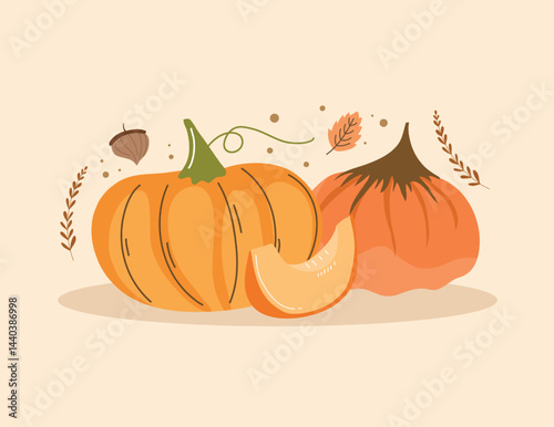 Simple Autumn Still Life Illustration Featuring Various Pumpkins in Warm Orange and Yellow Hues