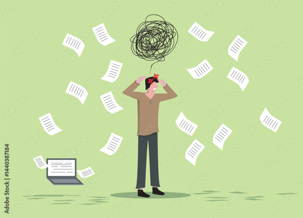 Frustrated businessman feeling overwhelmed by work, paperwork stress, mental overload, anxiety, and confusion. Concept of workplace burnout, overthinking, deadline pressure, and emotional exhaustion. Frustrated businessman feeling overwhelmed by work, paperwork stress, mental overload, anxiety, and confusion. Concept of workplace burnout, overthinking, deadline pressure, and emotional exhaustion.