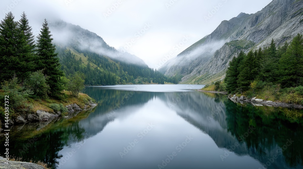 A calm mountain lake reflects pine trees and misty slopes under a cloudy sky. A calm mountain lake reflects pine trees and misty slopes under a cloudy sky.