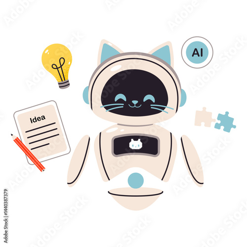 A charming AI robot with cat ears generates ideas, helps solve problems, and creates creative concepts. Flat vector illustration
