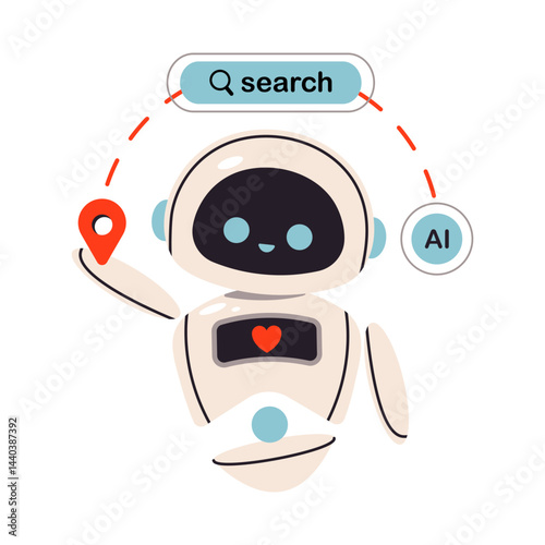 A smart AI robot helps locate information and navigate using search and geolocation capabilities. Flat vector illustration