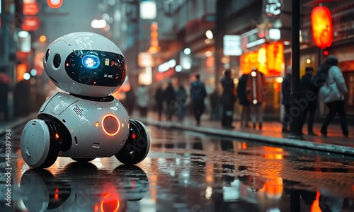 Wallpaper Mural A futuristic robot navigating a bustling urban street at night, illuminated by neon lights Torontodigital.ca