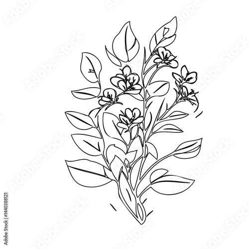 Delicate floral line art design with blossoming flowers and graceful leaves