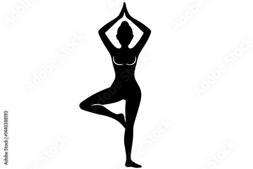 Black silhouette of woman practicing yoga in tree pose exercise for wellness, yoga, tree pose, vrksasana, silhouette, woman, fitness, exercise, balance, wellness, health, healthy lifestyle, body