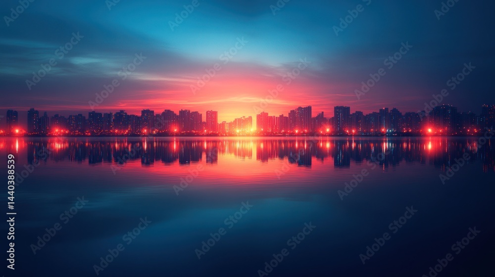 Fototapeta premium Cityscape Sunset Reflection: A Breathtaking Urban Panorama