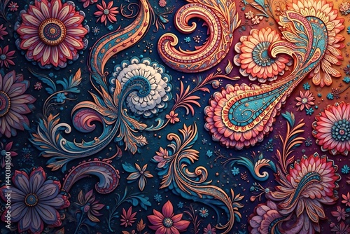 Fluid paisley motif, continuous elegant design, rich detail, swirl, fabric, continuous