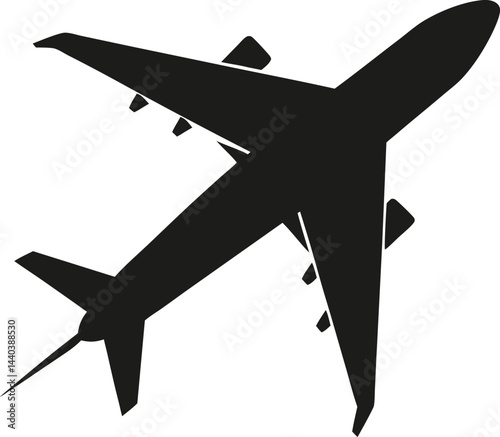 A black silhouette of a passenger airplane, tilted as if flying upward vector illustration on transparent background.
