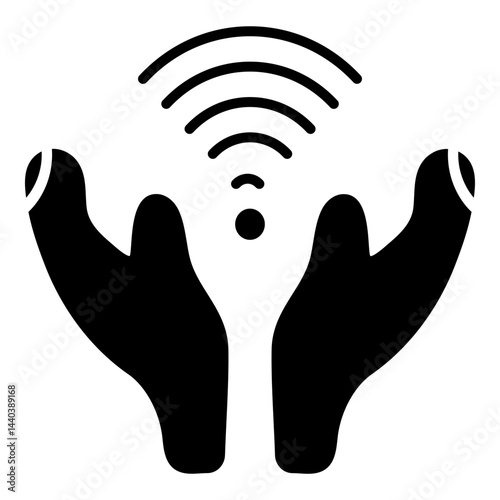 The image features two stylized black hands reaching upwards on a gray background. Above the hands is a black Wi-Fi signal symbol emanating from a central point. This suggests a concept of embracing o