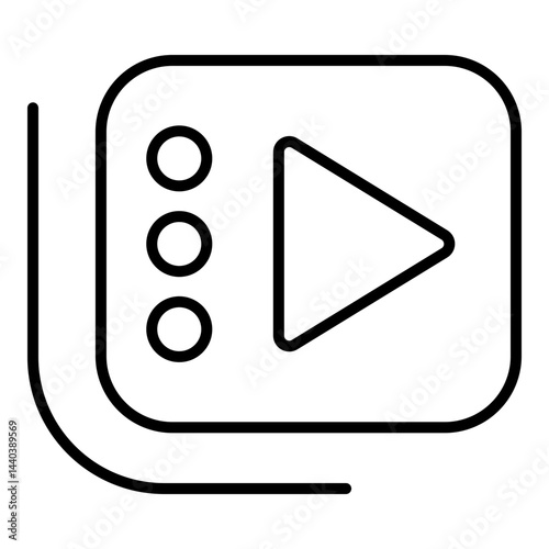 Line version media icon with a bordered rectangle containing a play button and three vertical dots, representing playlist control or streaming options.