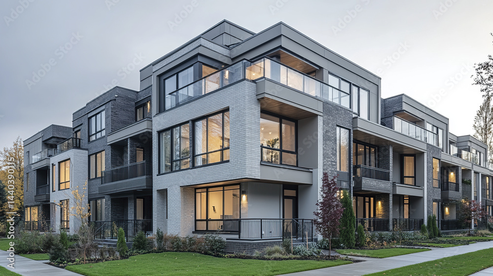 Modern duplex buildings with clean facades and large windows create stylish atmosphere Modern duplex buildings with clean facades and large windows create stylish atmosphere