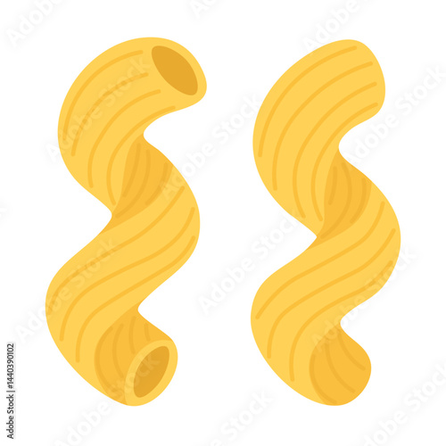 Cartoon corkscrew pasta isolated on white background, flat vector illustration of pasta type.