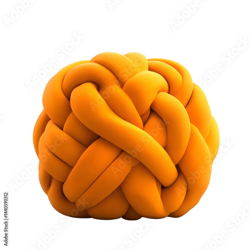 Knitted orange pouf ottoman on white background