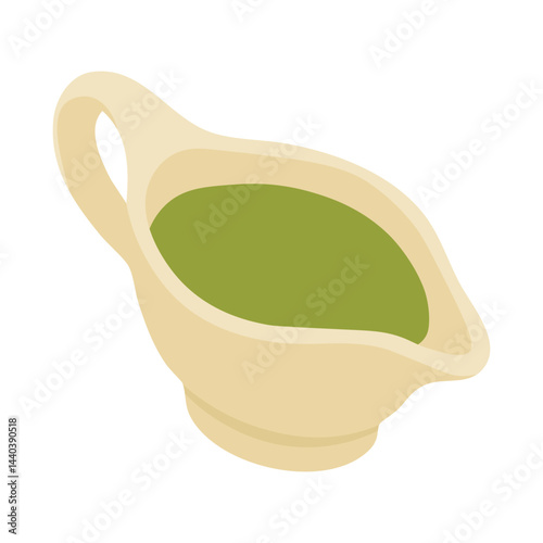 Cartoon vector illustration of green sauce in a gravy boat isolated on white background.