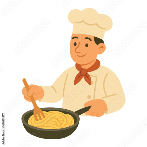 Smiling cartoon chef stirring pasta in frying pan, isolated on white background, flat vector style.