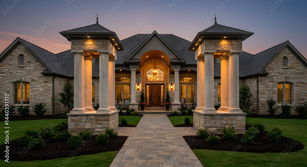 Naklejka premium Elegant Estate Exterior Offering Architectural Grandeur and Luxurious Details