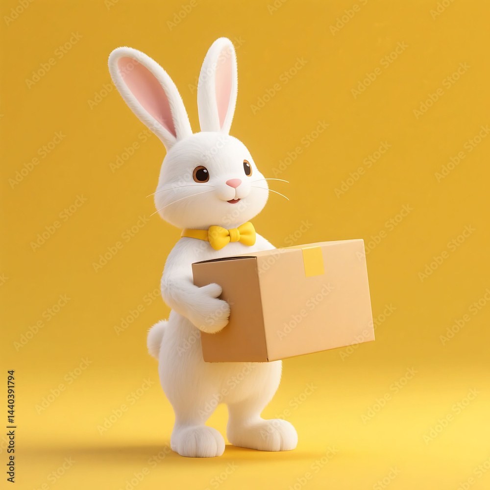 Obraz premium White rabbit, yellow bow tie, holding cardboard box
