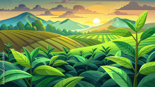 Green tea buds and leaves at early morning on plantation, tea plantation background, tea plantation in morning light, Green tea buds and leaves at early morning on plantation
