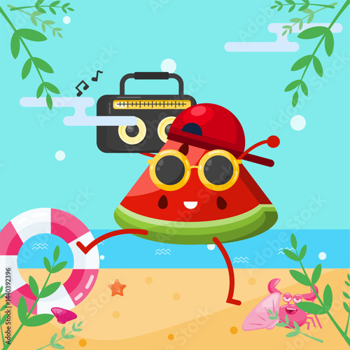 Cheerful watermelon character enjoying music on the beach with a boombox. Fun summer vibe with crab and starfish. Perfect flat illustration for holiday and tropical themes.