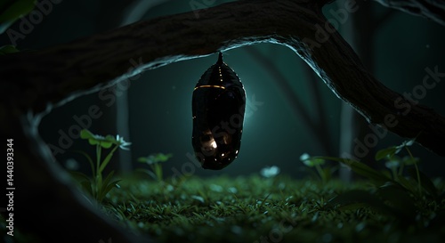 Black pupa hanging from branch