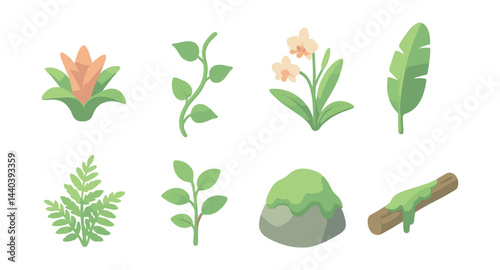 Eco-friendly plant icons set – leaves, orchids, ferns, foliage, botanical, log, moss, flora